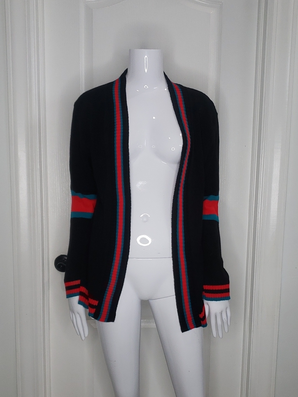 Boohoo Black Red Teal Cardigan Letterman's Jacket Style Size M/L